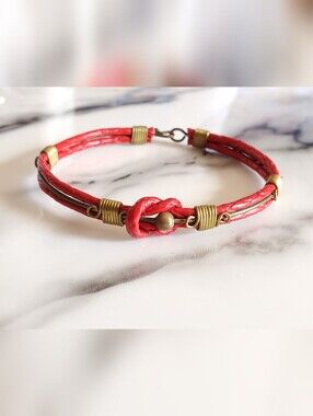 Vtg. Red Nautical Or Love  Knot Leather Bangle Bracelet